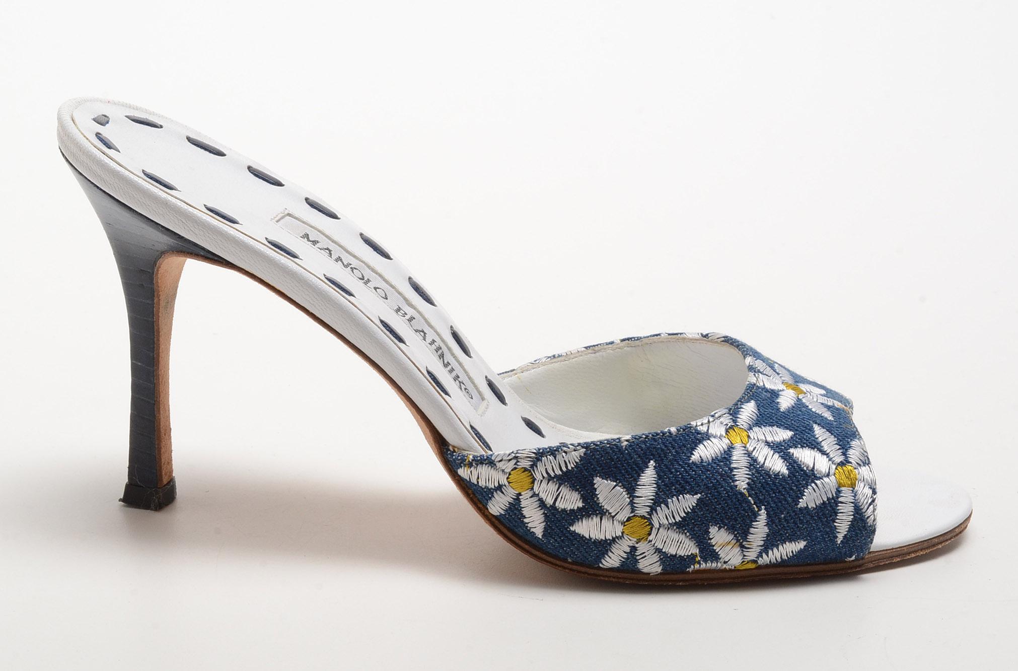 Manola Blahnik Floral Embroidered Open Toe Slide Dress Sandals