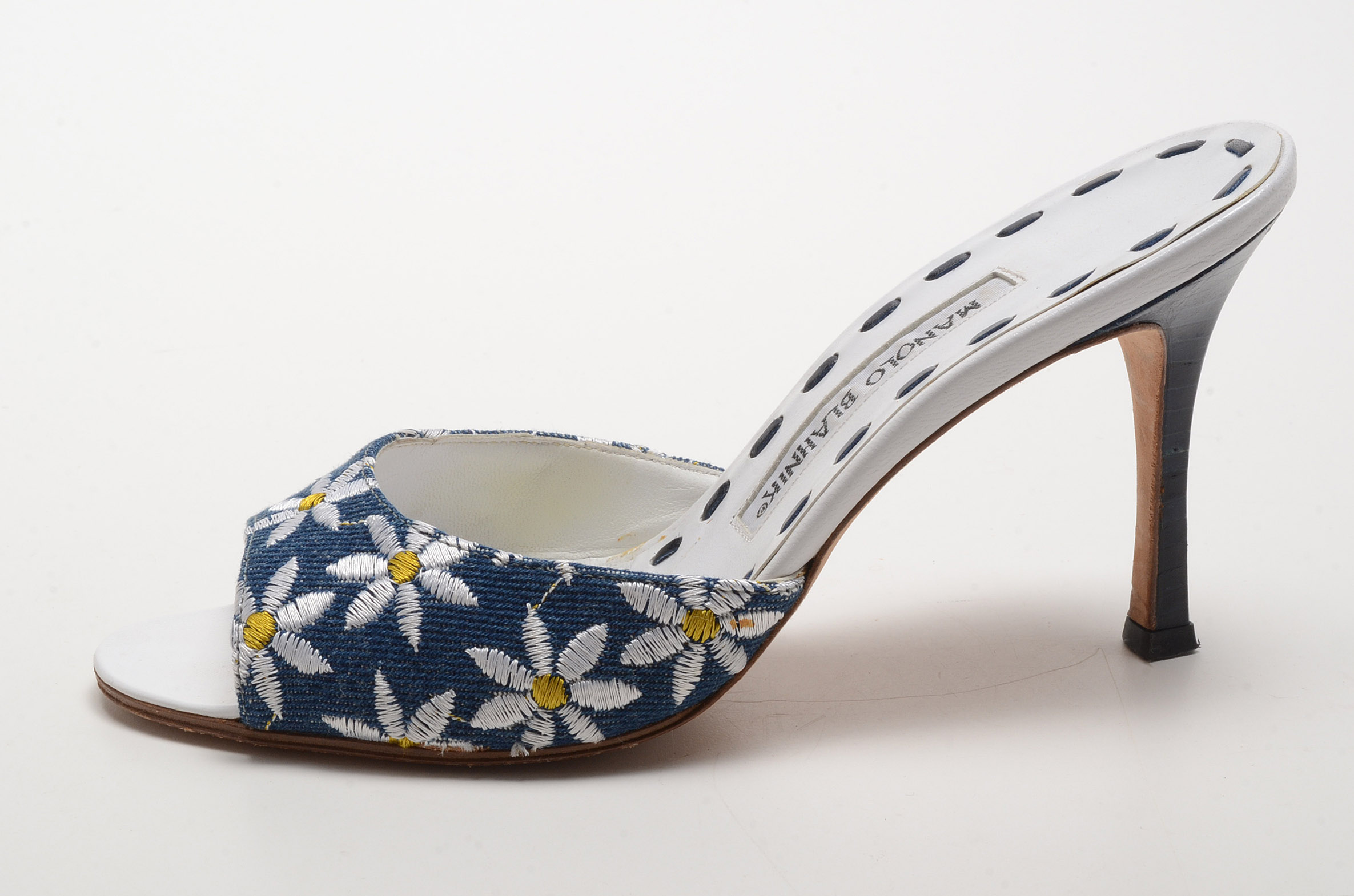 Manola Blahnik Floral Embroidered Open Toe Slide Dress Sandals