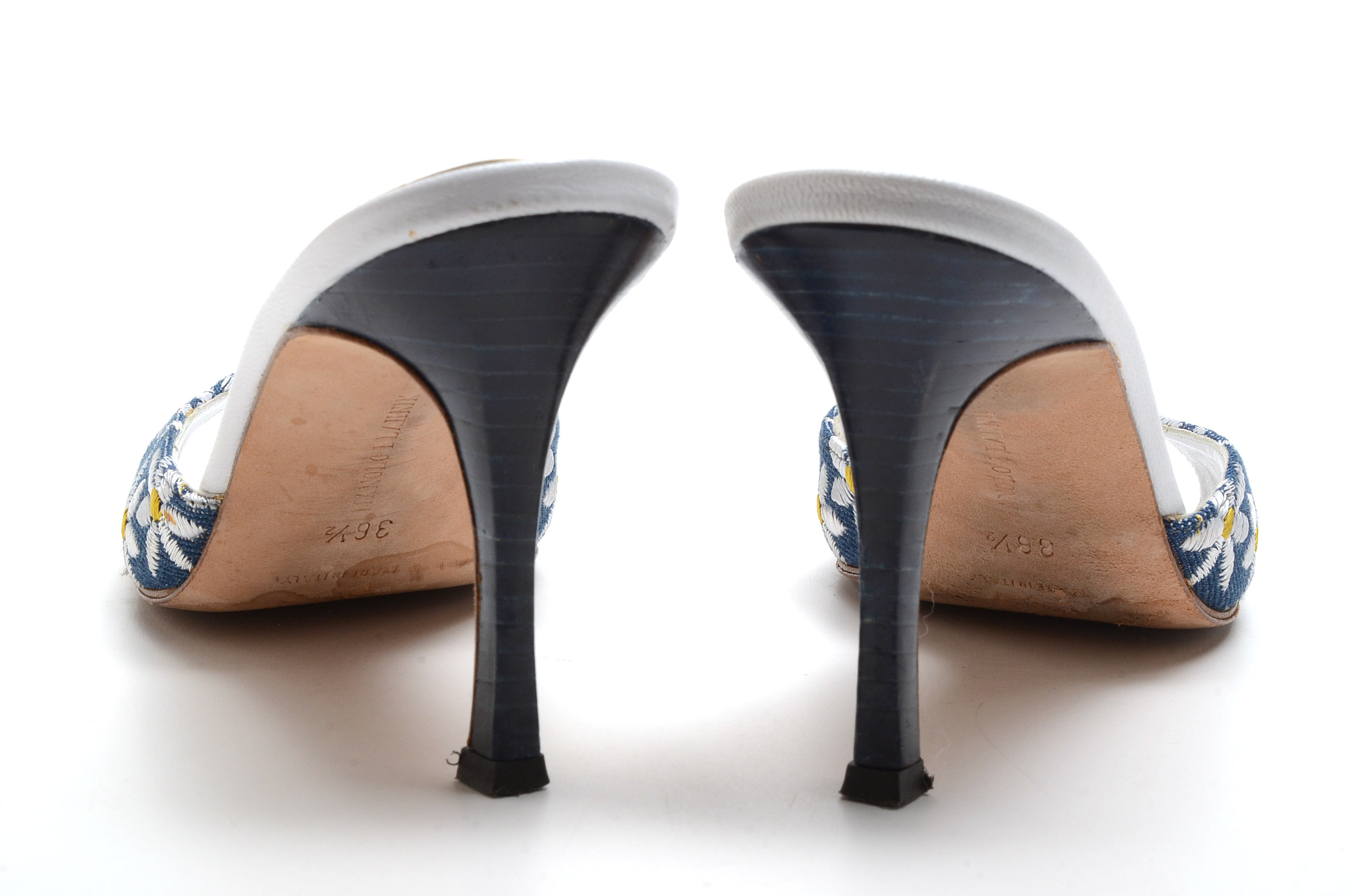 Manola Blahnik Floral Embroidered Open Toe Slide Dress Sandals