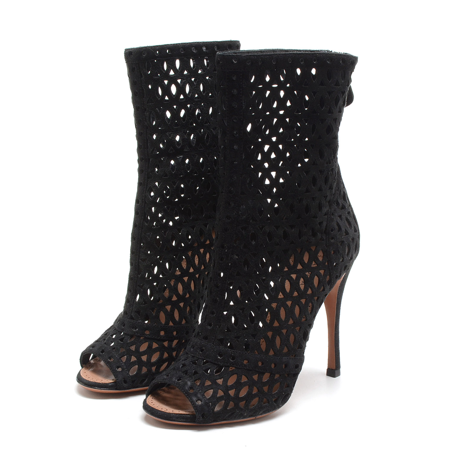 Alaïa of Paris Cut Out Black Suede Leather Peep Toe Booties