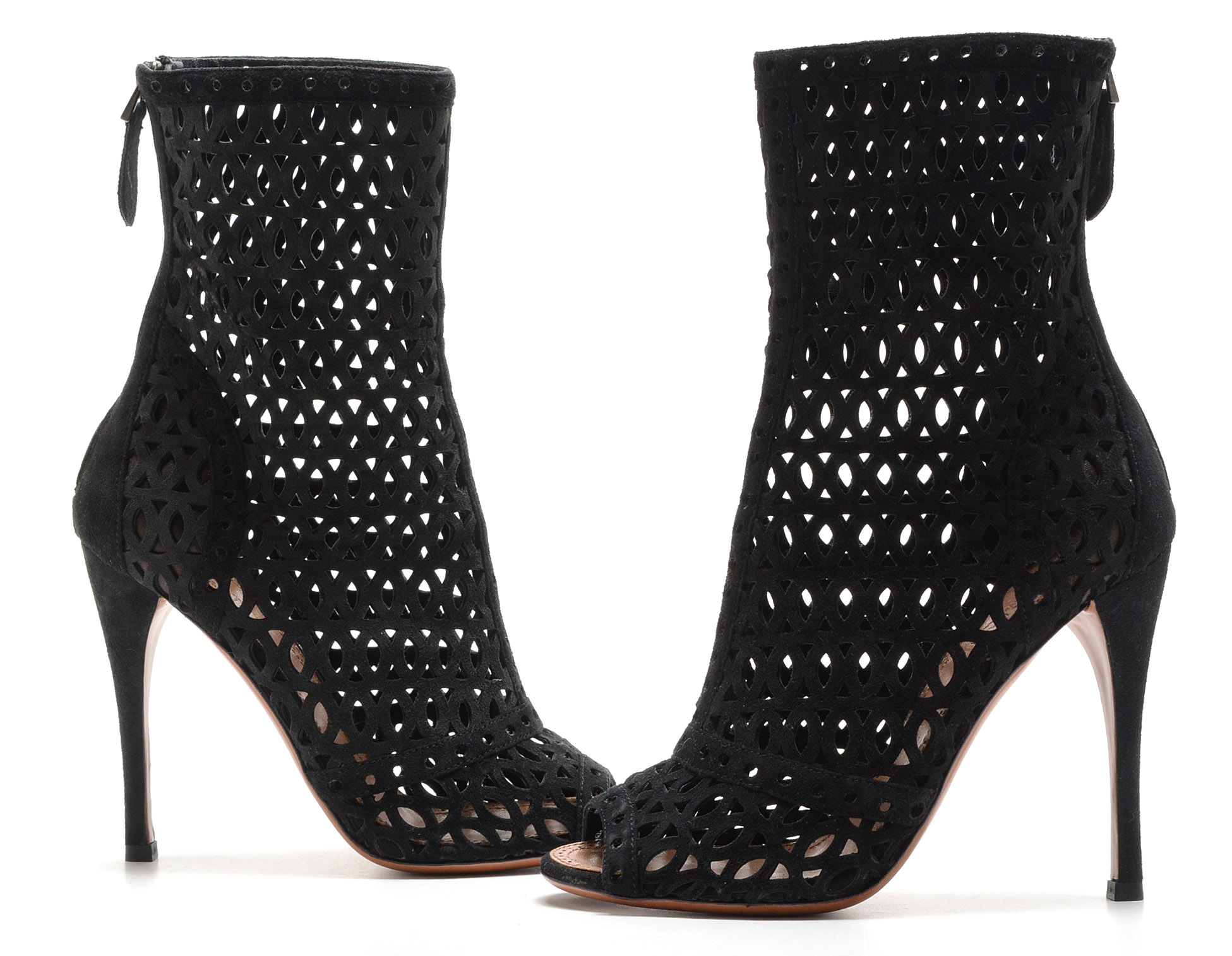 Alaïa of Paris Cut Out Black Suede Leather Peep Toe Booties