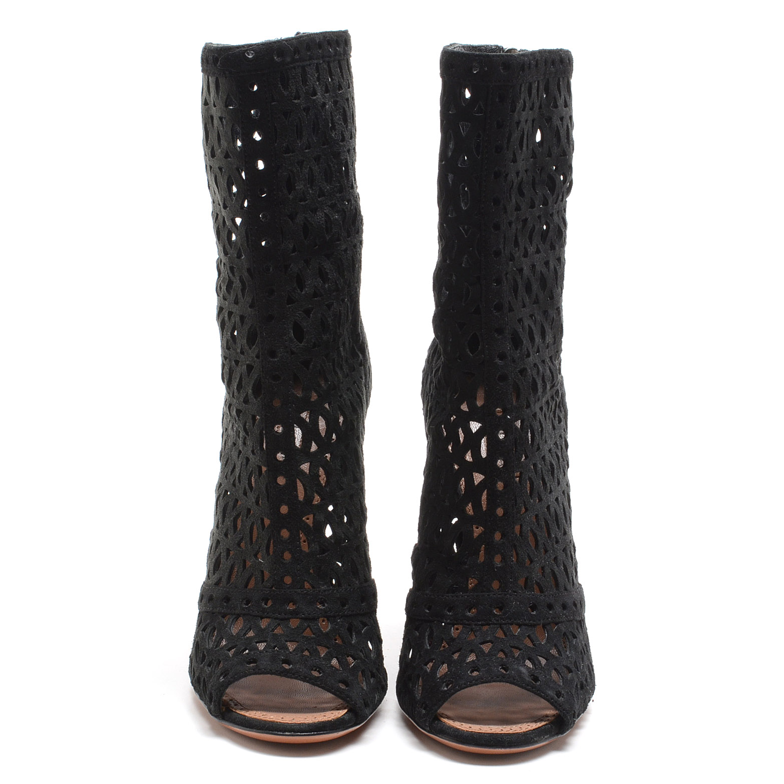 Alaïa of Paris Cut Out Black Suede Leather Peep Toe Booties