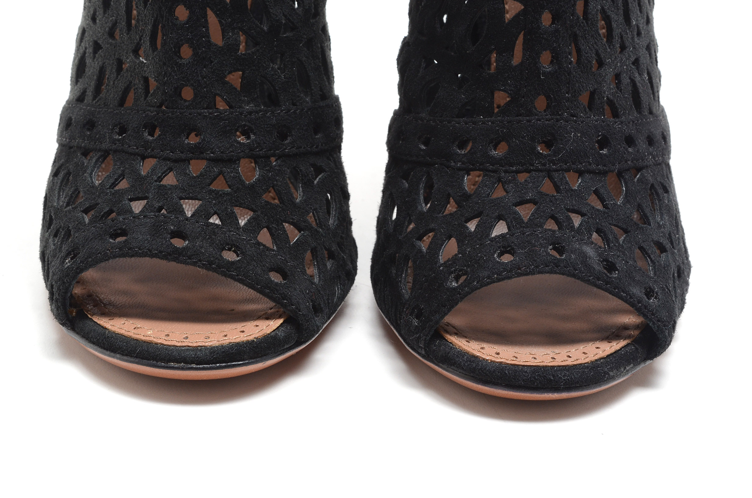 Alaïa of Paris Cut Out Black Suede Leather Peep Toe Booties