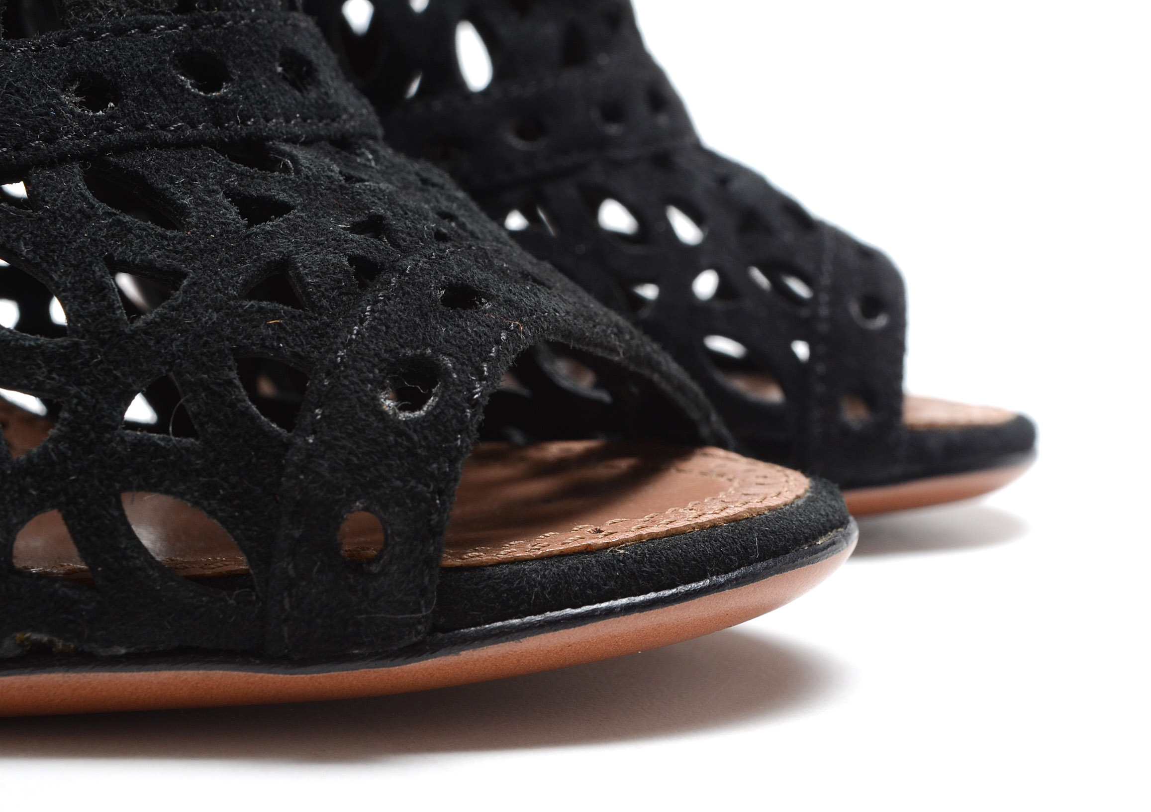 Alaïa of Paris Cut Out Black Suede Leather Peep Toe Booties