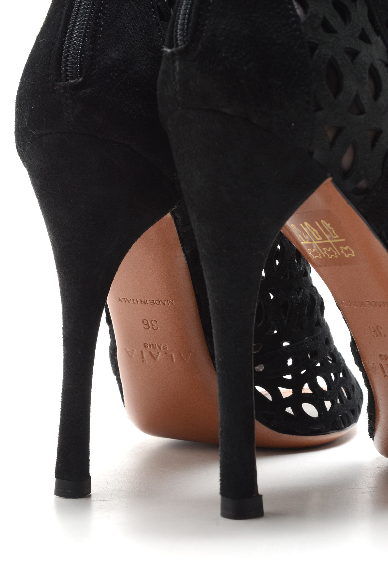 Alaïa of Paris Cut Out Black Suede Leather Peep Toe Booties