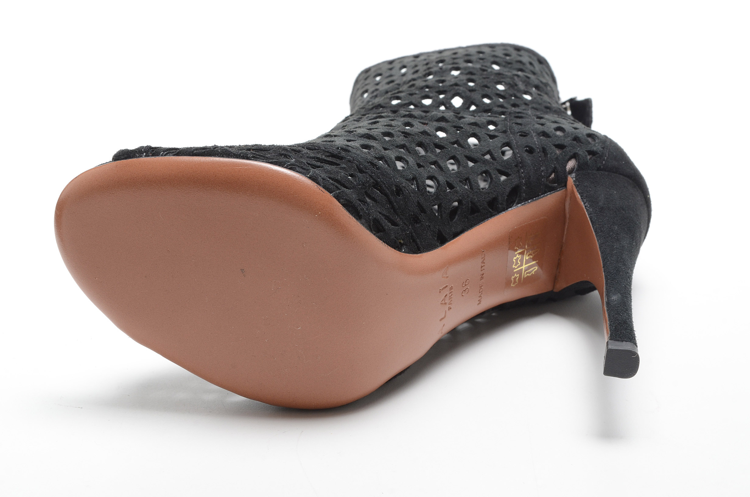 Alaïa of Paris Cut Out Black Suede Leather Peep Toe Booties