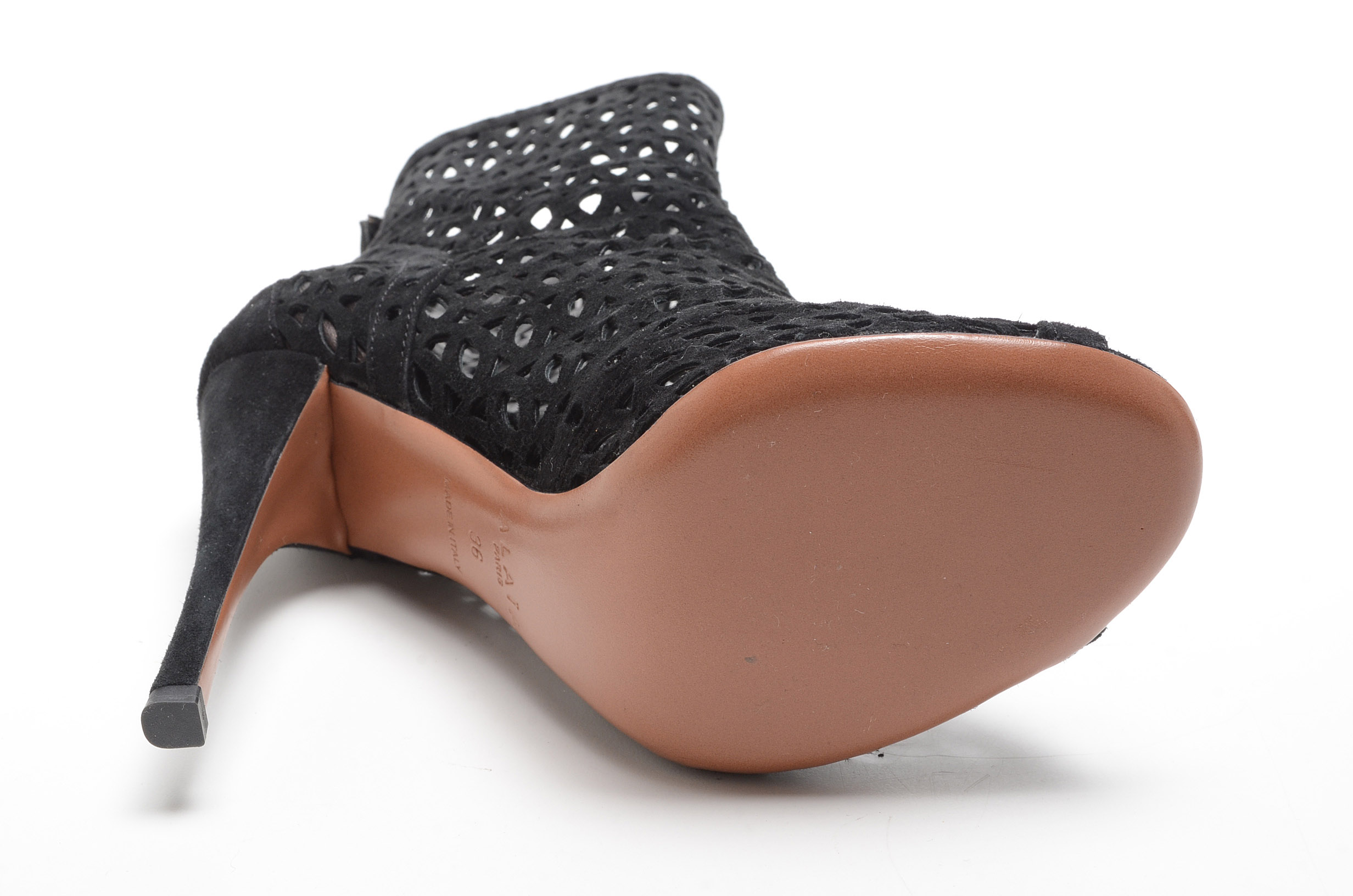 Alaïa of Paris Cut Out Black Suede Leather Peep Toe Booties