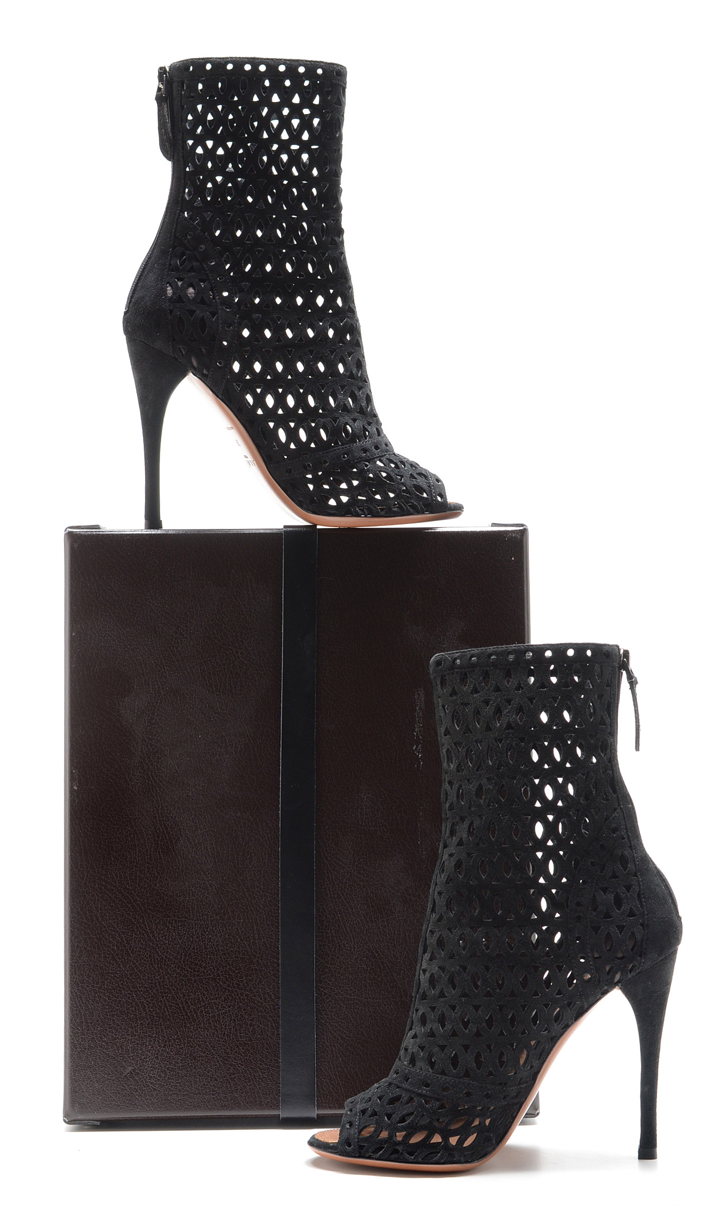 Alaïa of Paris Cut Out Black Suede Leather Peep Toe Booties