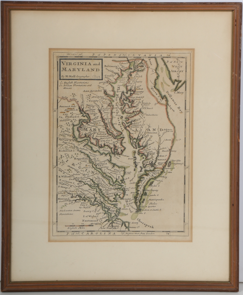 Herman Moll Hand-Colored Engraving of a Map