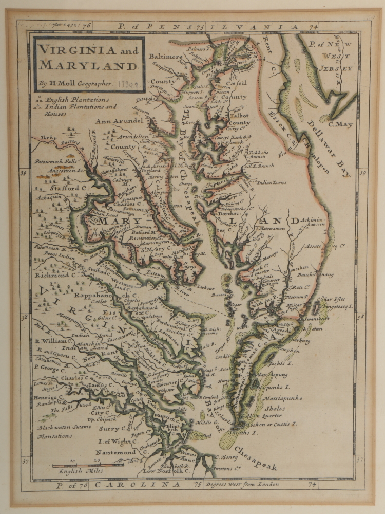 Herman Moll Hand-Colored Engraving of a Map