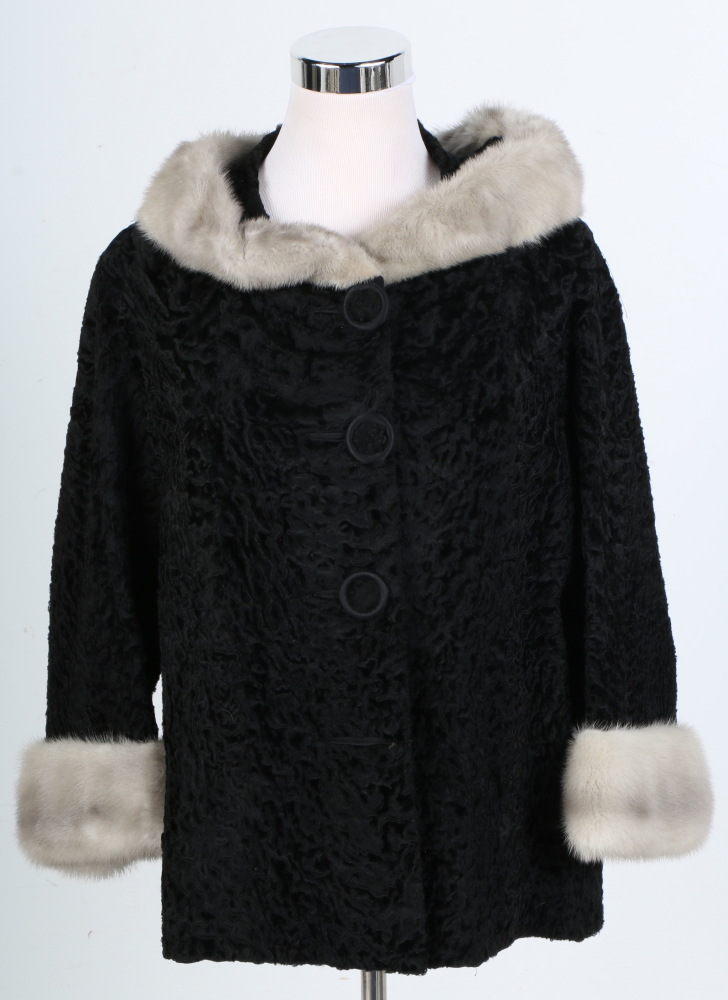 1970s Broadtail Lamb and Mink Fur Coat by Marshall Field & Company