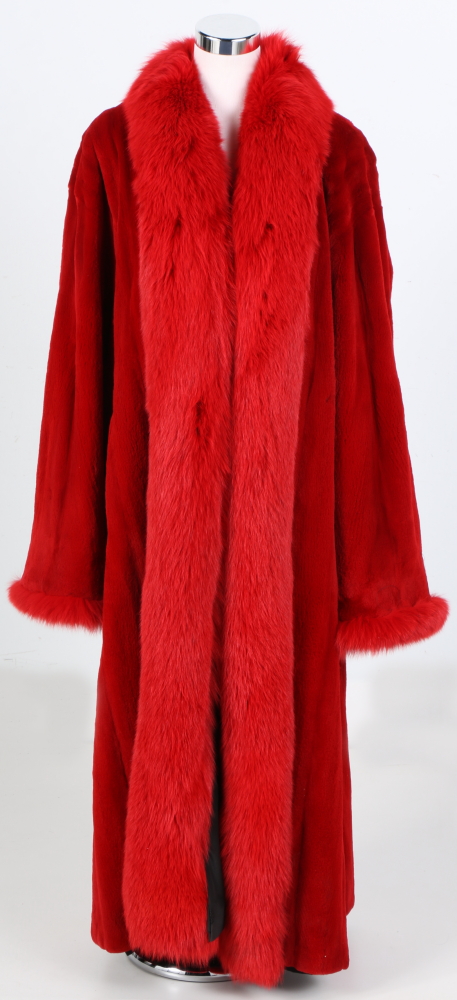 Louis Féraud Red Sheared Beaver Fur Coat With Fox Fur Trim