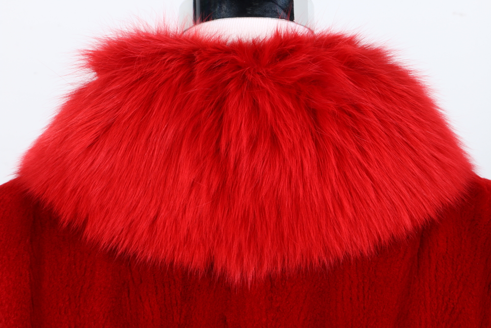 Louis Féraud Red Sheared Beaver Fur Coat With Fox Fur Trim