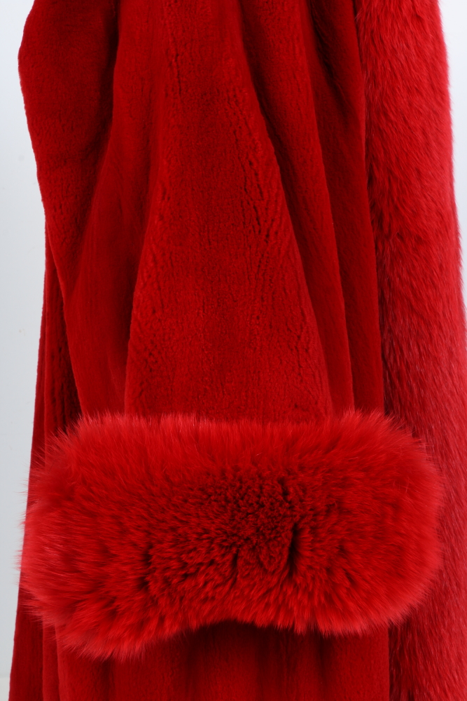 Louis Féraud Red Sheared Beaver Fur Coat With Fox Fur Trim