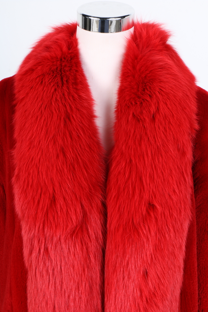 Louis Féraud Red Sheared Beaver Fur Coat With Fox Fur Trim