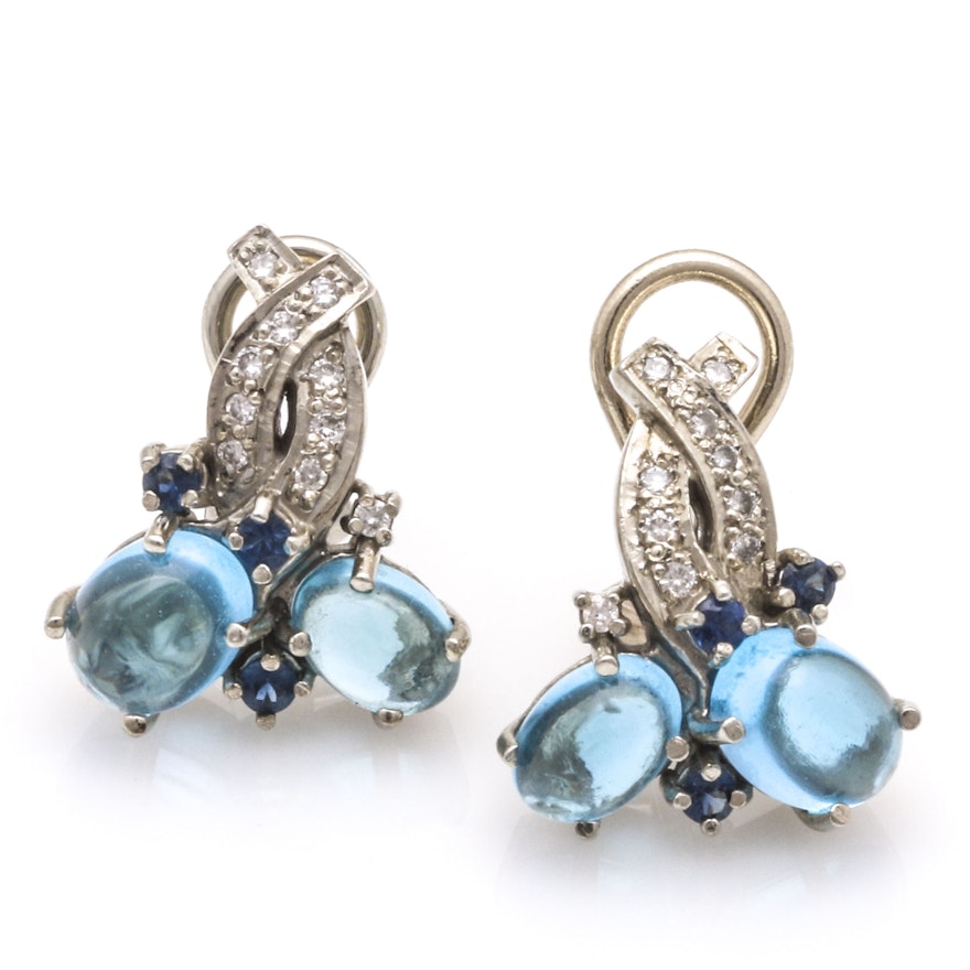 14K White Gold Diamond, Sapphire and Topaz Earrings