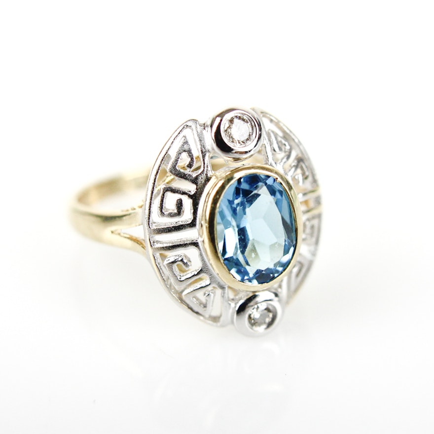 14K Gold, Blue Topaz, and Diamond Greek Key Ring