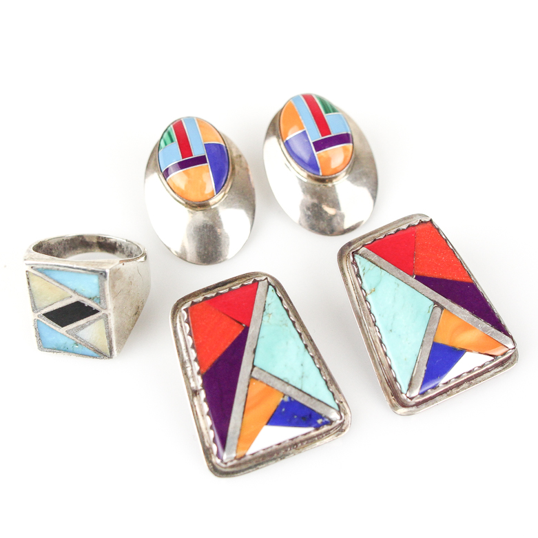 Sterling Silver and Inlaid Natural Stone Mosaic Jewelry