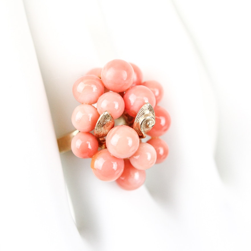14K Yellow Gold and Coral Cluster Ring