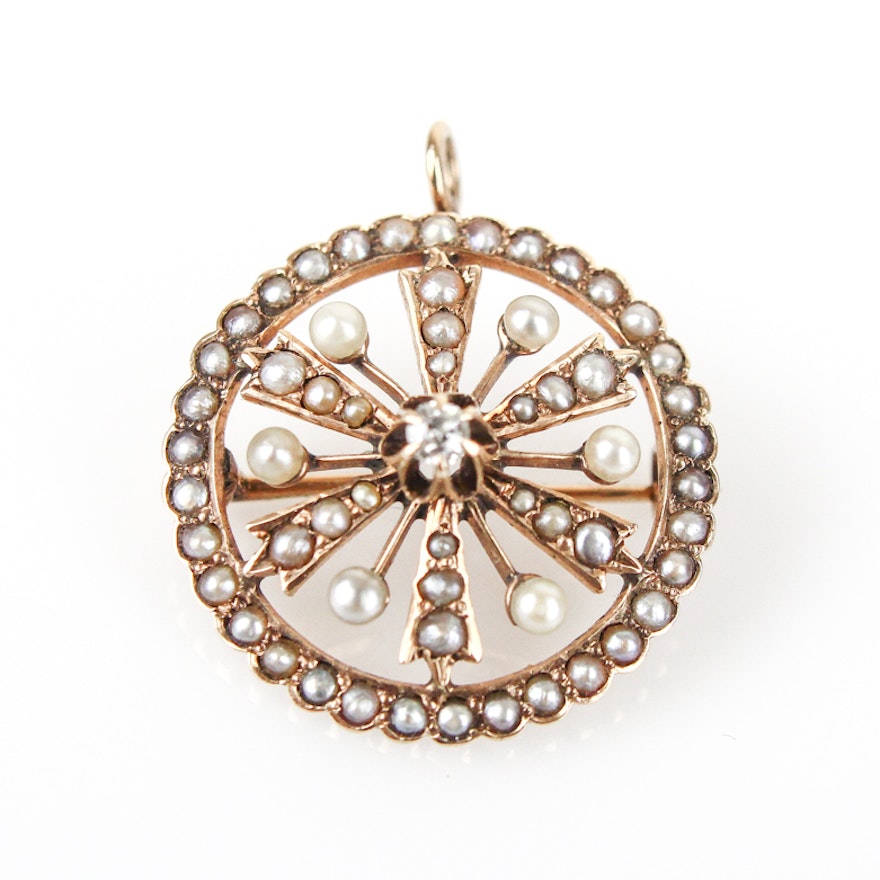 Antique 10K Yellow Gold, Old Mine Cut Diamond, and Seed Pearl Pendant Brooch