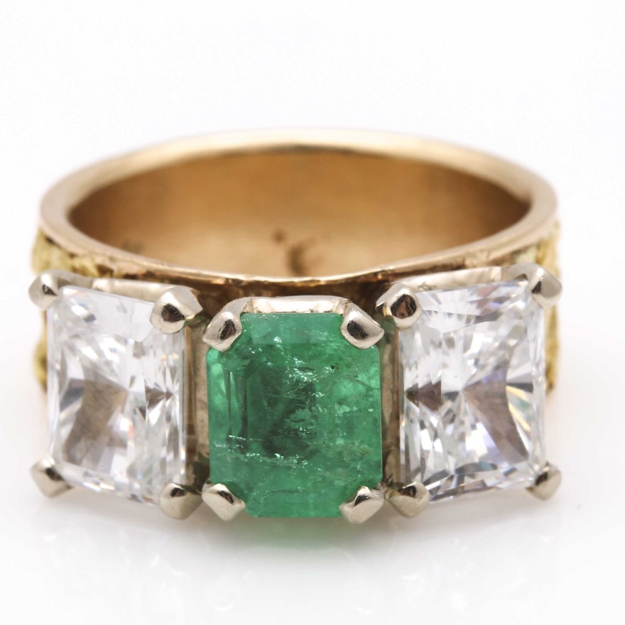 14K Yellow Gold Emerald and Cubic Zirconia Ring