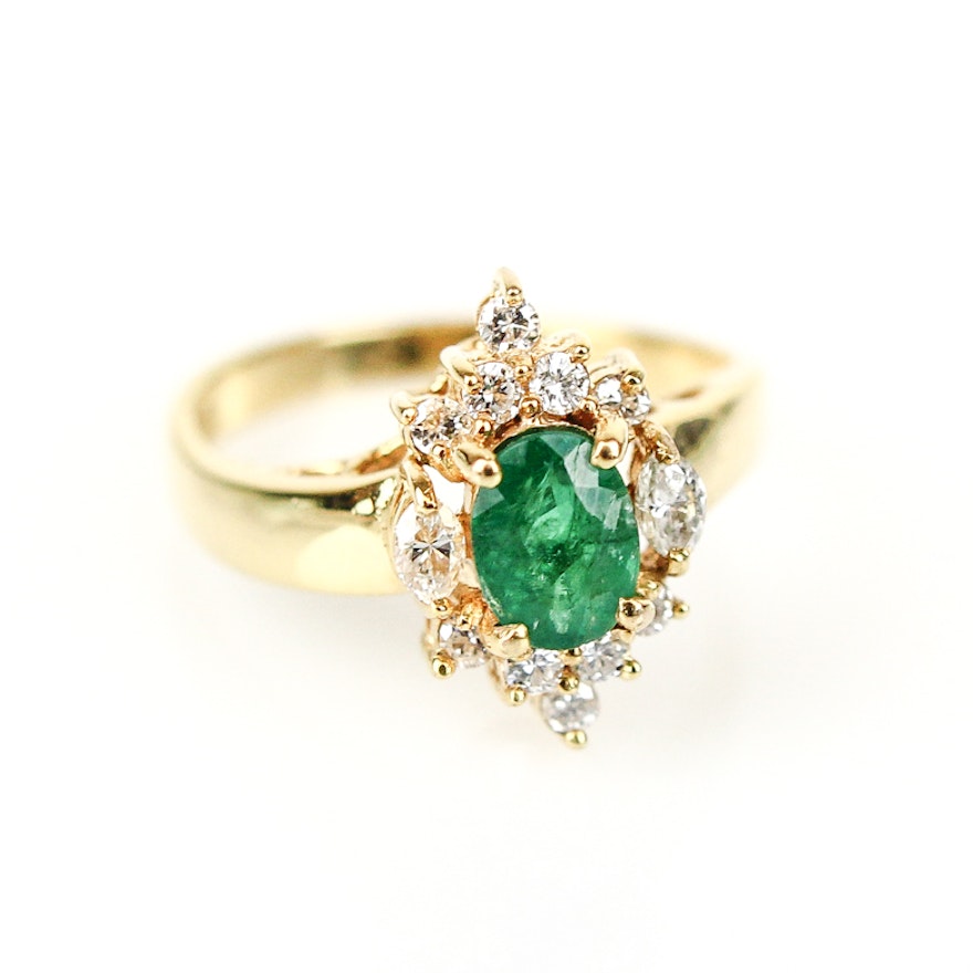 14K Yellow Gold, Emerald, and Diamond Ring