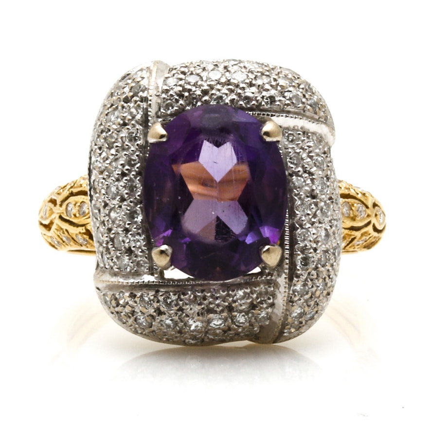 18K Yellow Gold Diamond and Amethyst Ring