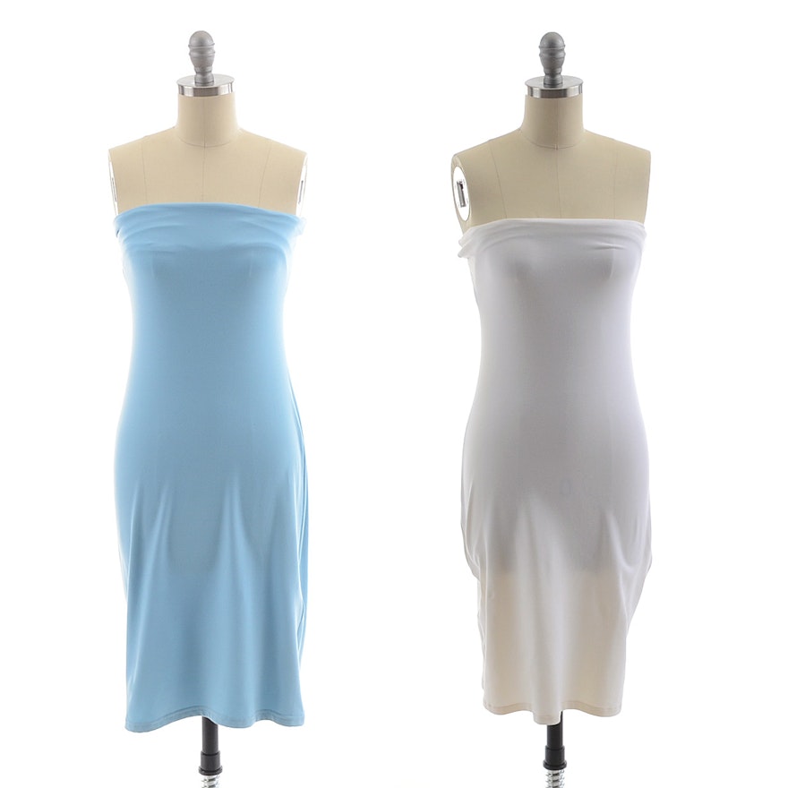 Two Susana Monaco Strapless Supplex Blend Body Con Dresses in White and Powder Blue