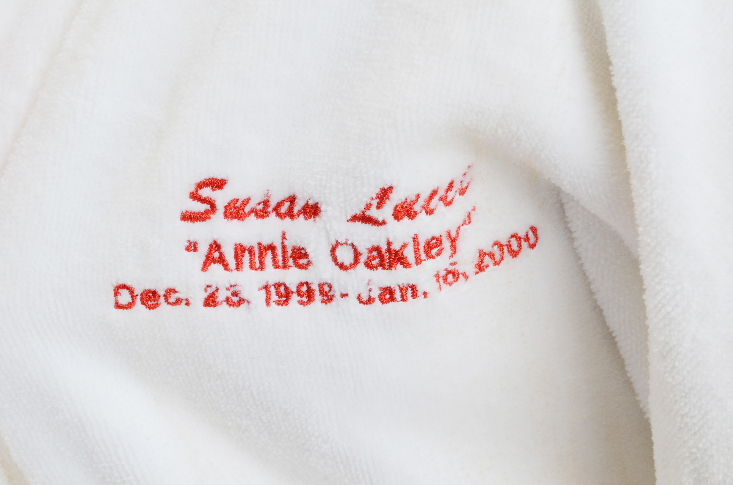 Susan's Terry Cloth Robe from "Annie Get Your Gun" Embroidered "Susan Lucci, Annie Oakley, Dec.23, 1999 - Jan.16, 2000"