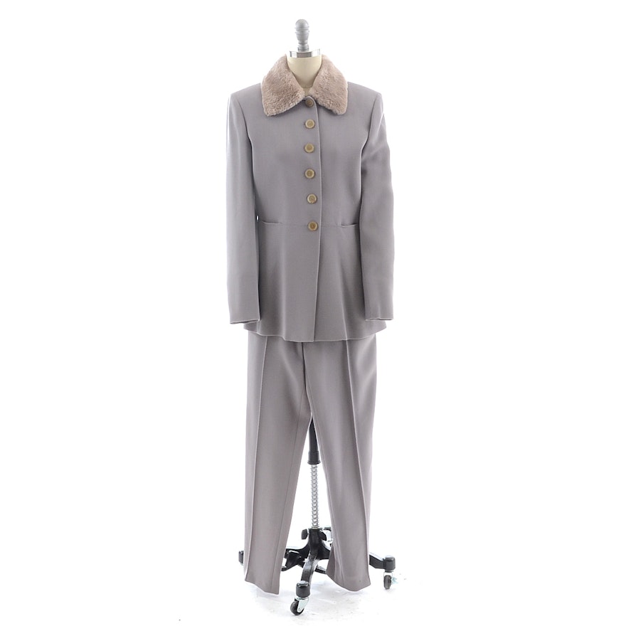 Barneys of New York Taupe Wool Pantsuit with Faux Fur Collar