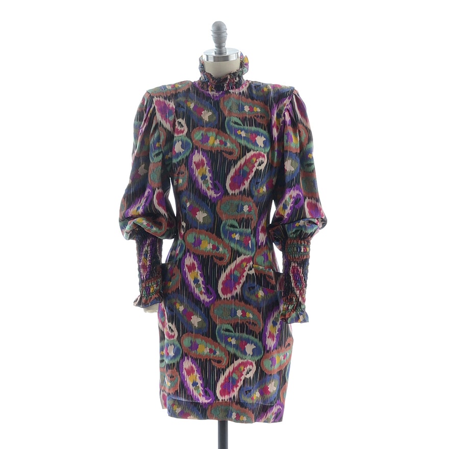 1980s Emanuel Ungaro Solo Donna of Paris Multi-Color Abstract Silk Chiffon Shirred Turtleneck Dress Susan Wore Portraying Her Iconic Character Erica Kane