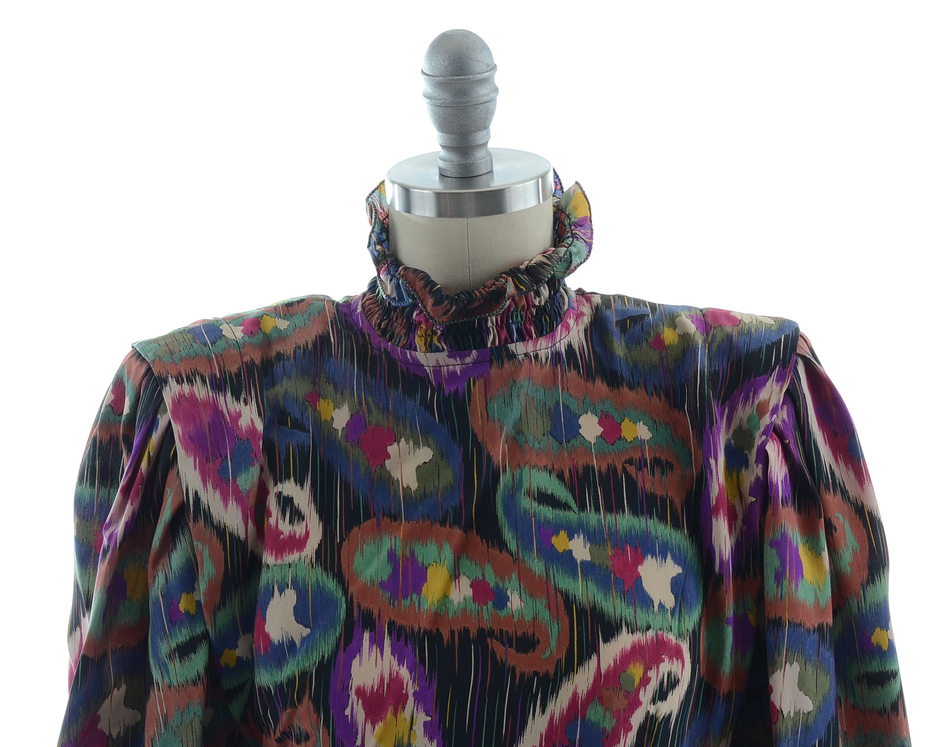 1980s Emanuel Ungaro Solo Donna of Paris Multi-Color Abstract Silk Chiffon Shirred Turtleneck Dress Susan Wore Portraying Her Iconic Character Erica Kane