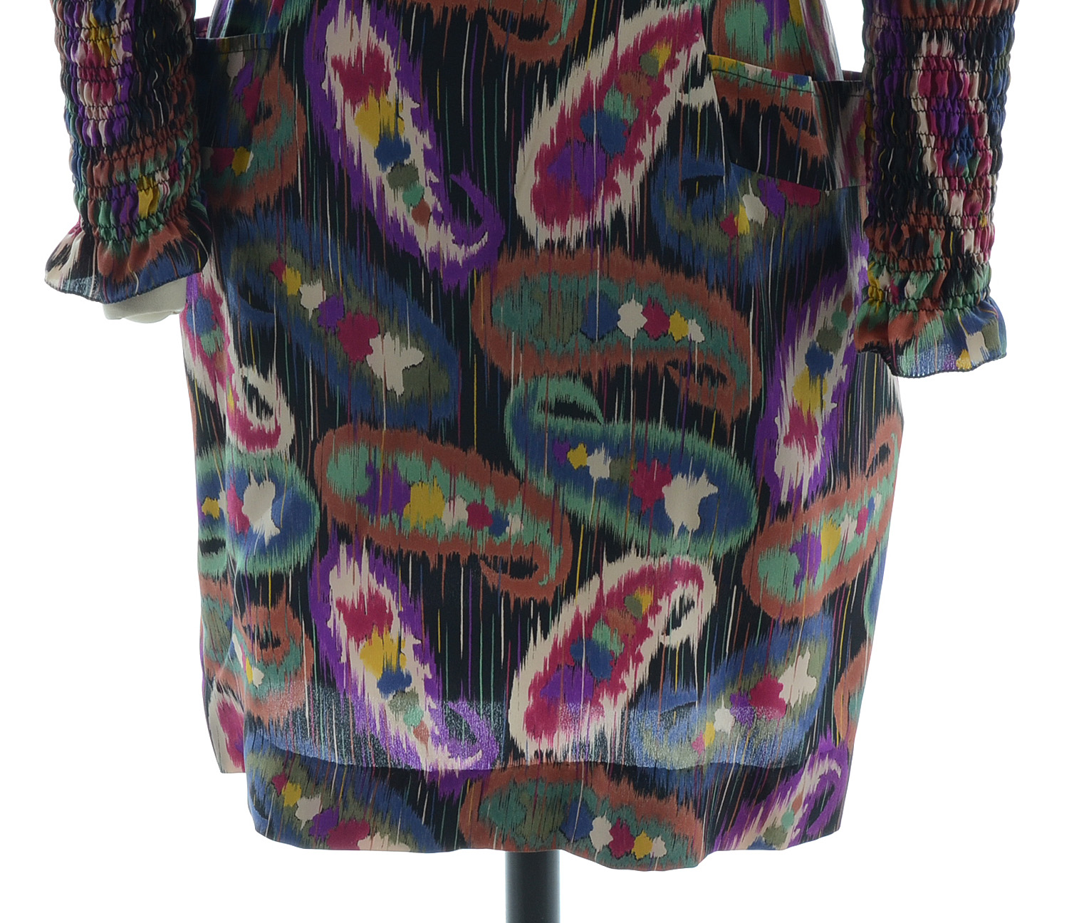 1980s Emanuel Ungaro Solo Donna of Paris Multi-Color Abstract Silk Chiffon Shirred Turtleneck Dress Susan Wore Portraying Her Iconic Character Erica Kane