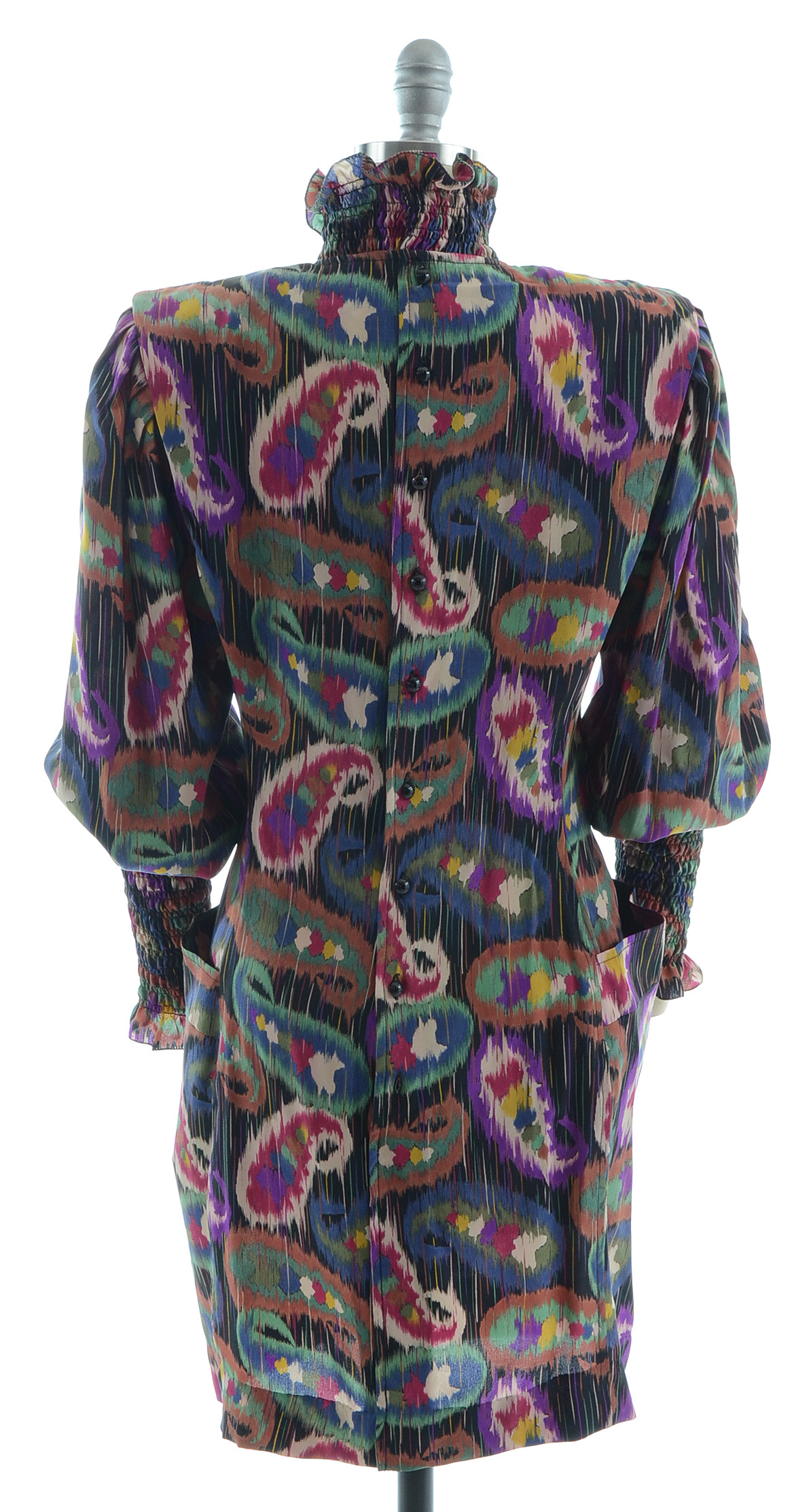 1980s Emanuel Ungaro Solo Donna of Paris Multi-Color Abstract Silk Chiffon Shirred Turtleneck Dress Susan Wore Portraying Her Iconic Character Erica Kane