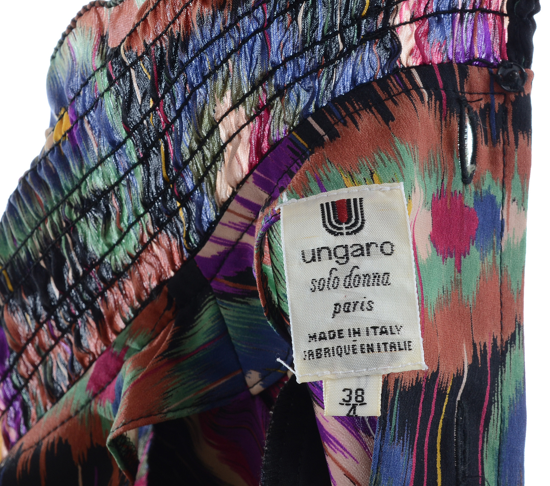 1980s Emanuel Ungaro Solo Donna of Paris Multi-Color Abstract Silk Chiffon Shirred Turtleneck Dress Susan Wore Portraying Her Iconic Character Erica Kane