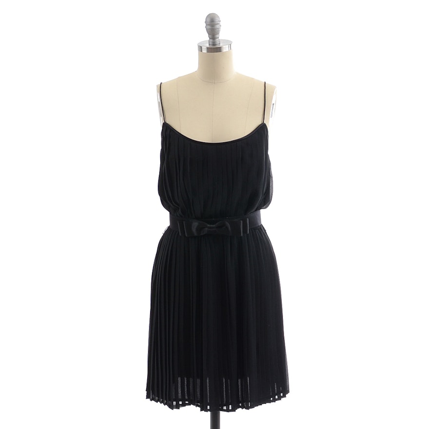 Ann Taylor Pleated Black Silk Chiffon Sleeveless Cocktail Dress Trimmed in Satin with Matching Belt