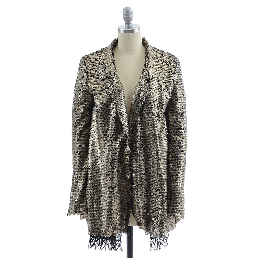 Free People Embellished Mesh and Crochet Lace Jacket with Reflective Discs