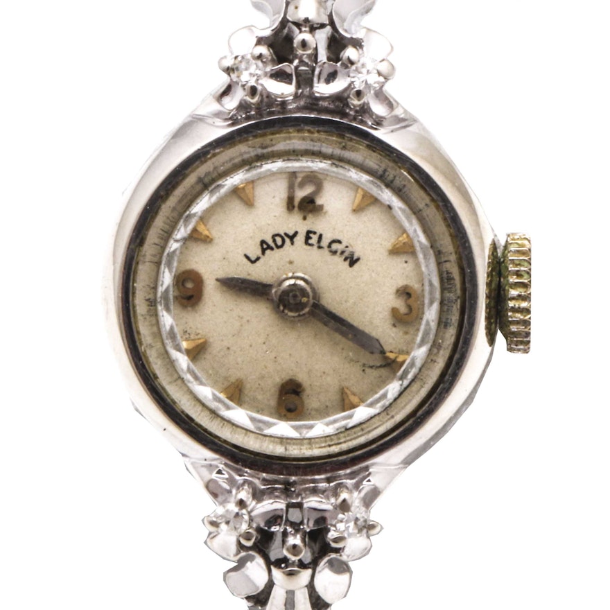 14K White Gold Lady Elgin Diamond Accent Wristwatch With Speidel Bracelet