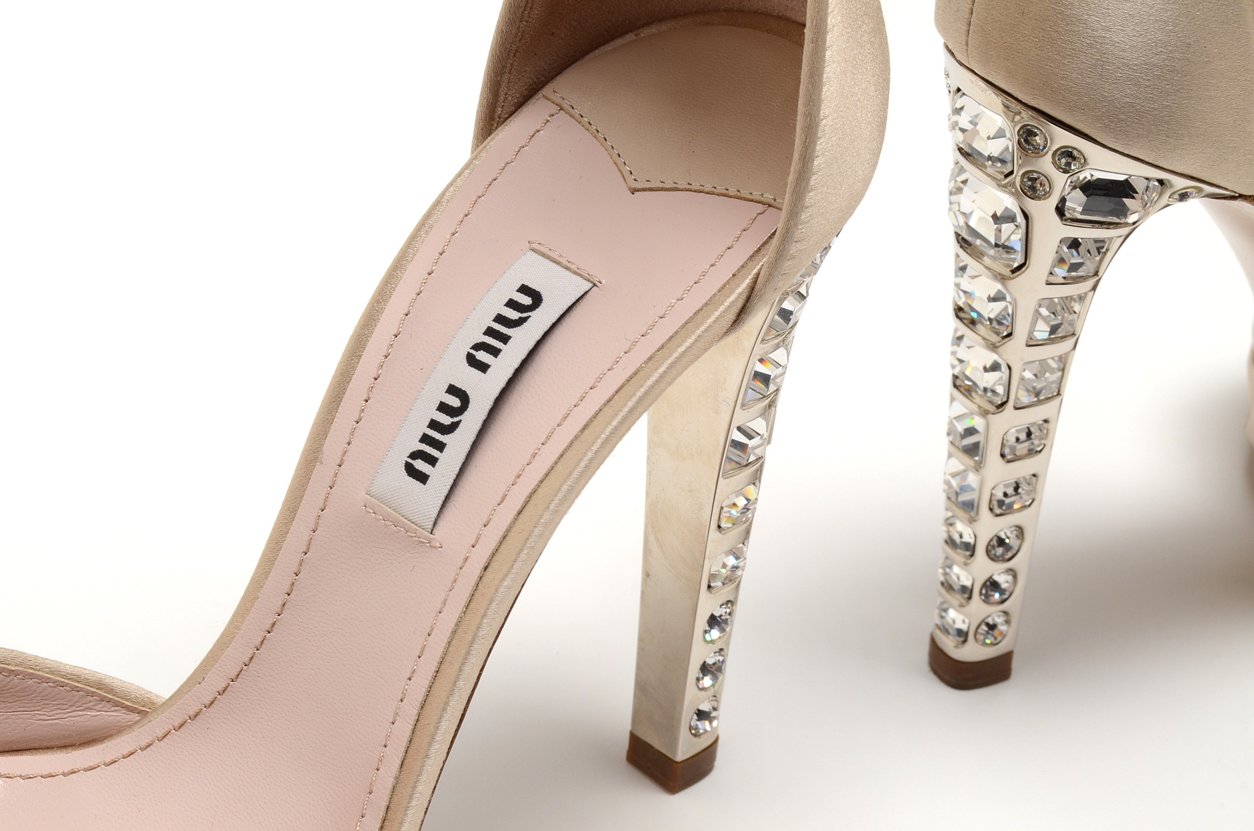 Susan's Miu Miu Champagne Silky Satin Open Toe Leather Platform Dress Sandals Worn in the First Episode of "Devious Maids"