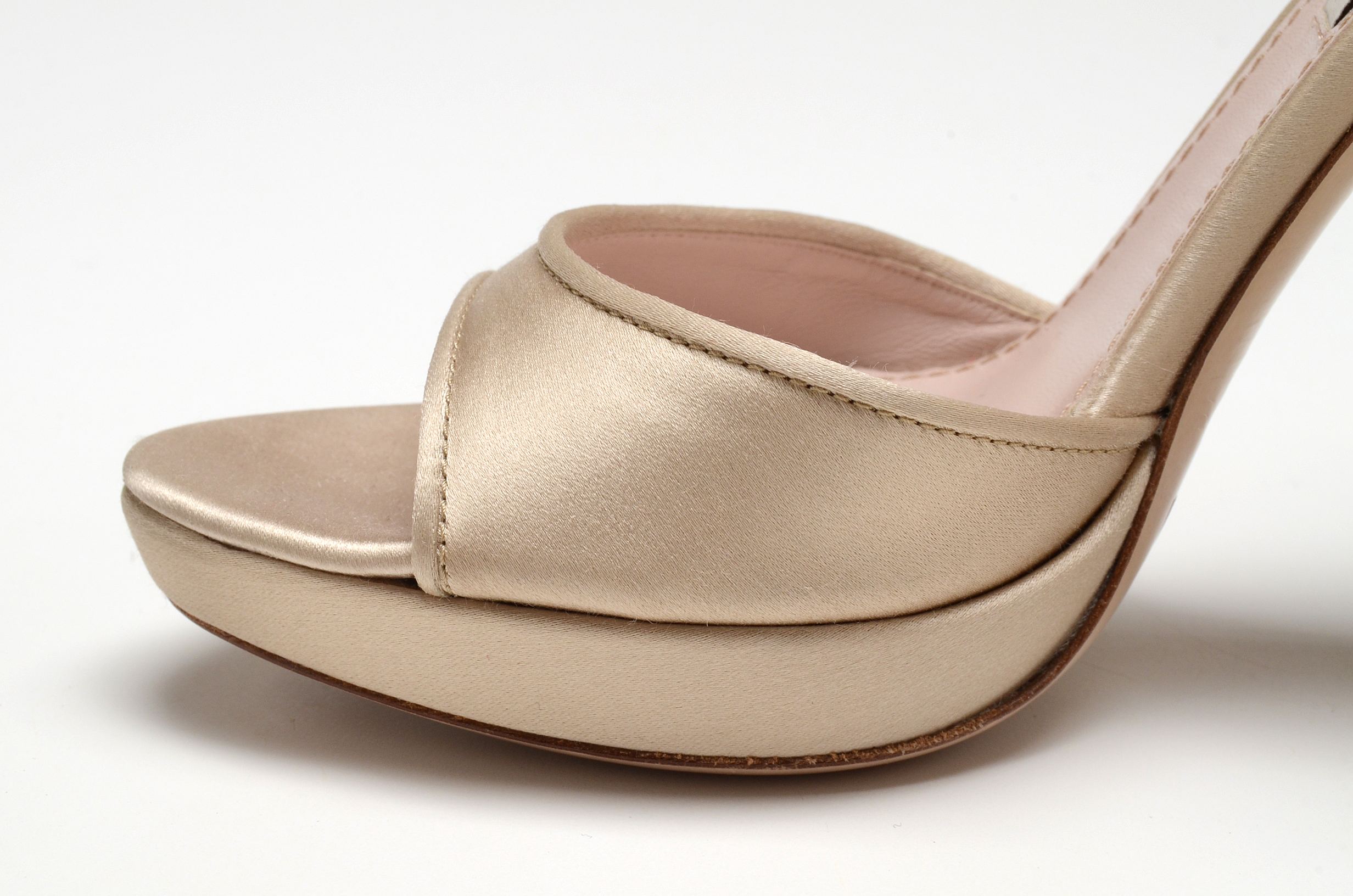 Susan's Miu Miu Champagne Silky Satin Open Toe Leather Platform Dress Sandals Worn in the First Episode of "Devious Maids"