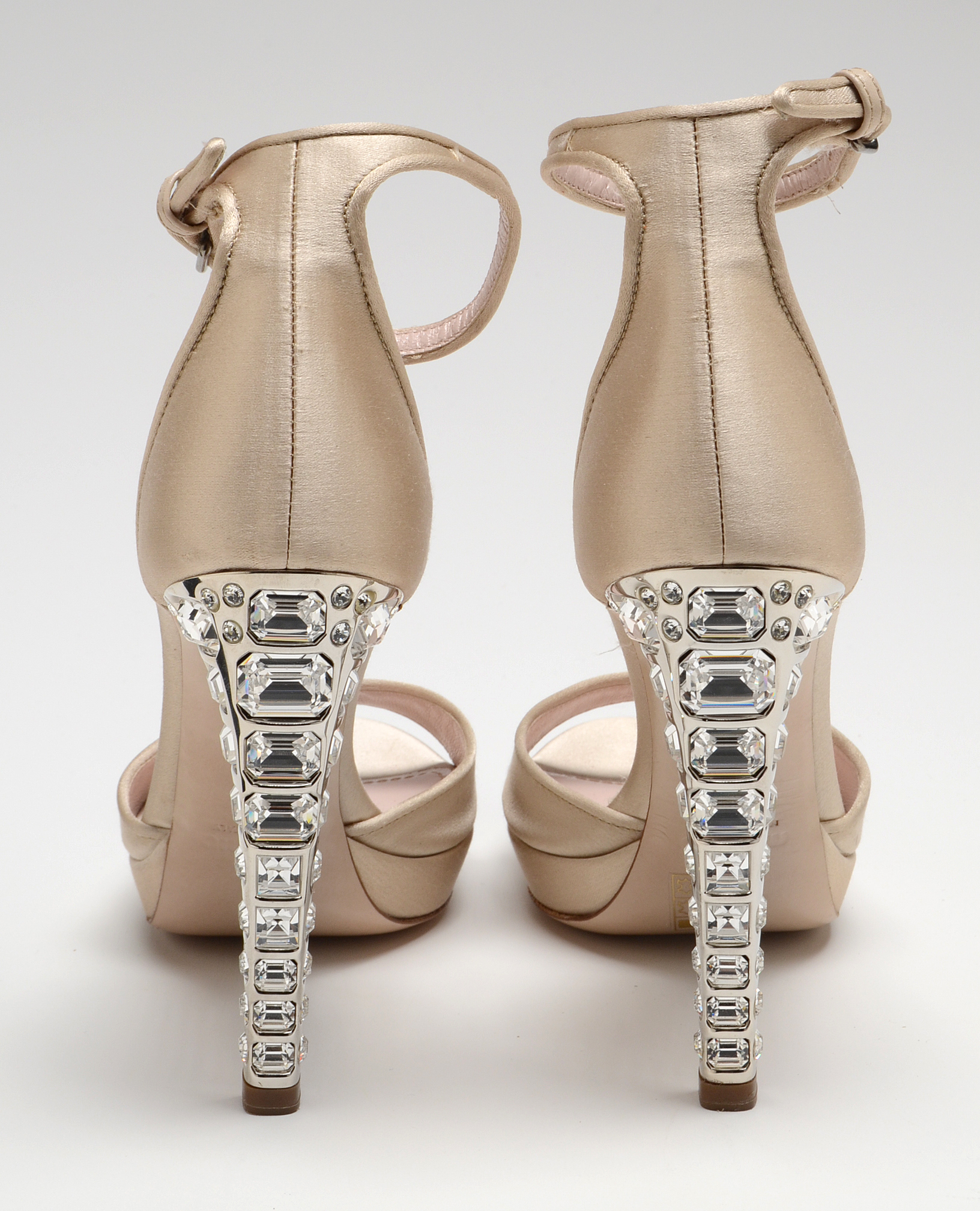 Susan's Miu Miu Champagne Silky Satin Open Toe Leather Platform Dress Sandals Worn in the First Episode of "Devious Maids"