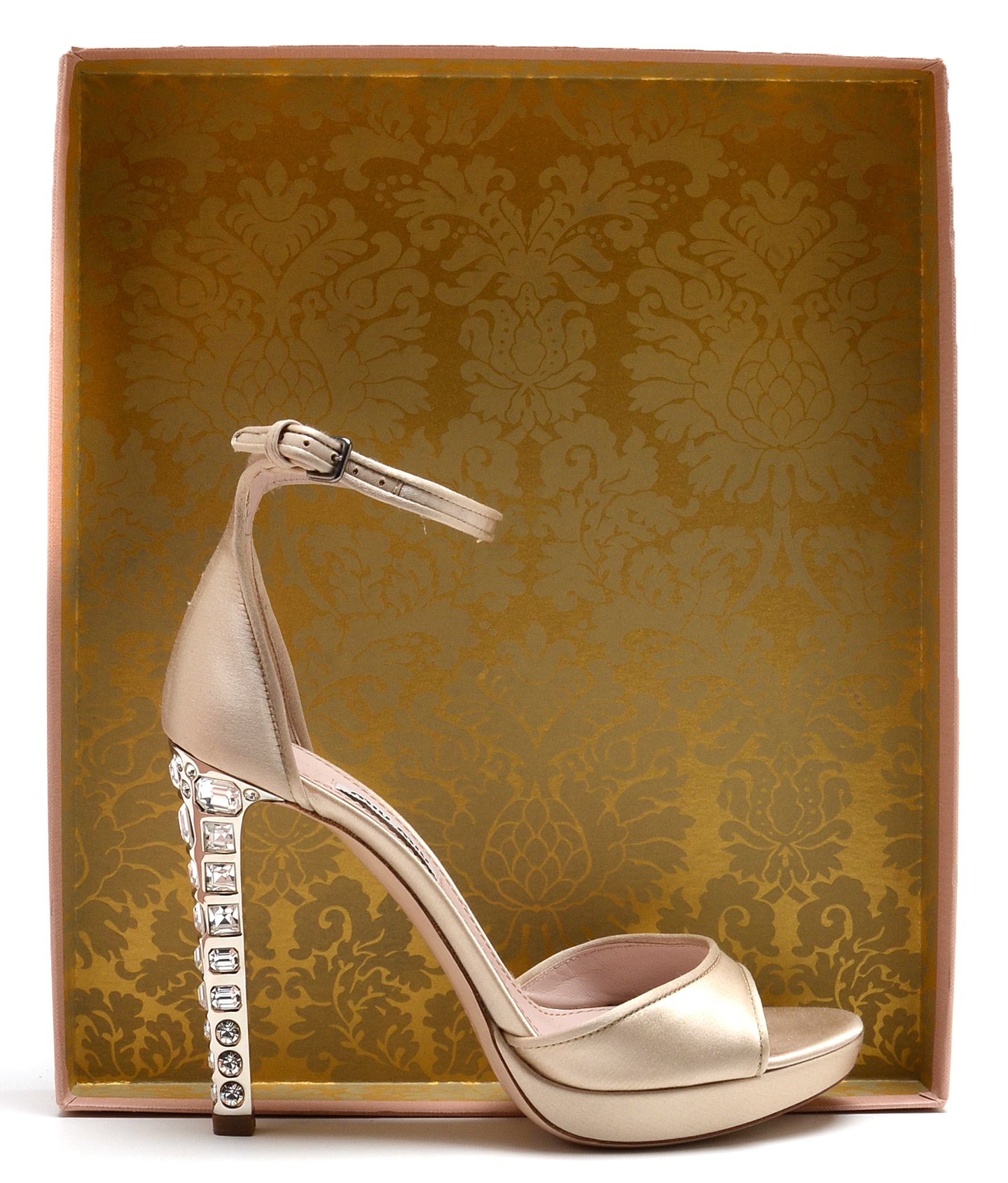 Susan's Miu Miu Champagne Silky Satin Open Toe Leather Platform Dress Sandals Worn in the First Episode of "Devious Maids"