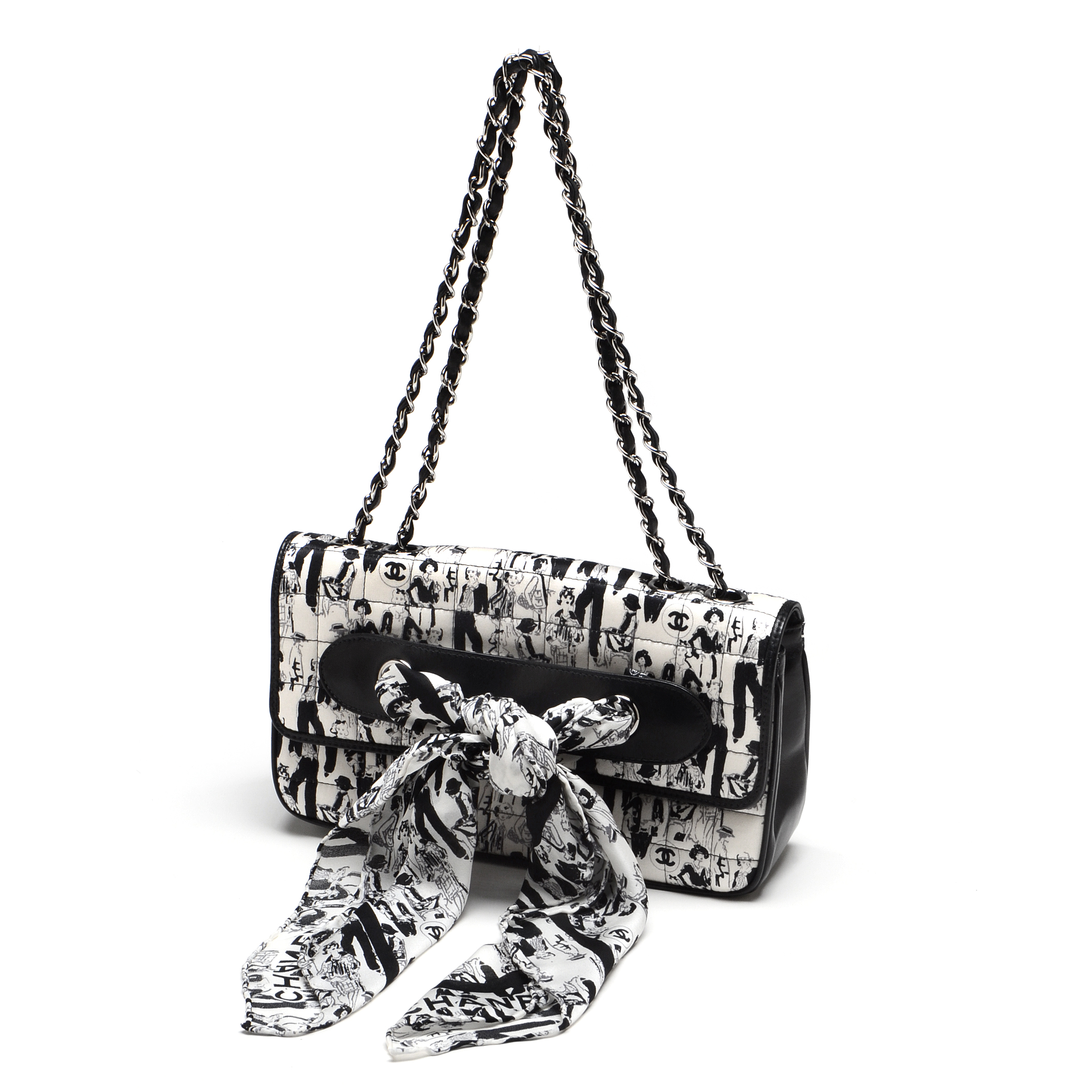 Chanel Black and White Silk Coco Mademoiselle Print Lambskin Leather Flapbag