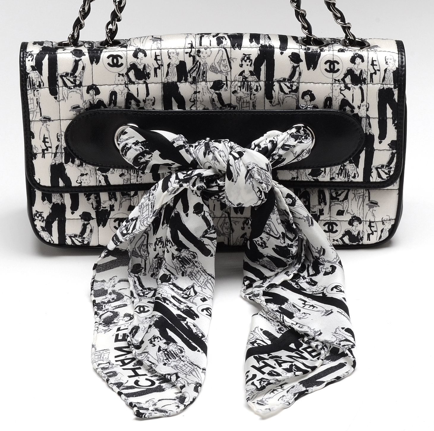 Chanel Black and White Silk Coco Mademoiselle Print Lambskin Leather Flapbag