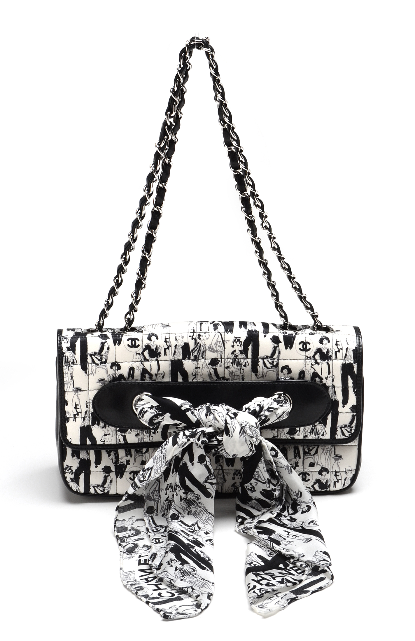 Chanel Black and White Silk Coco Mademoiselle Print Lambskin Leather Flapbag