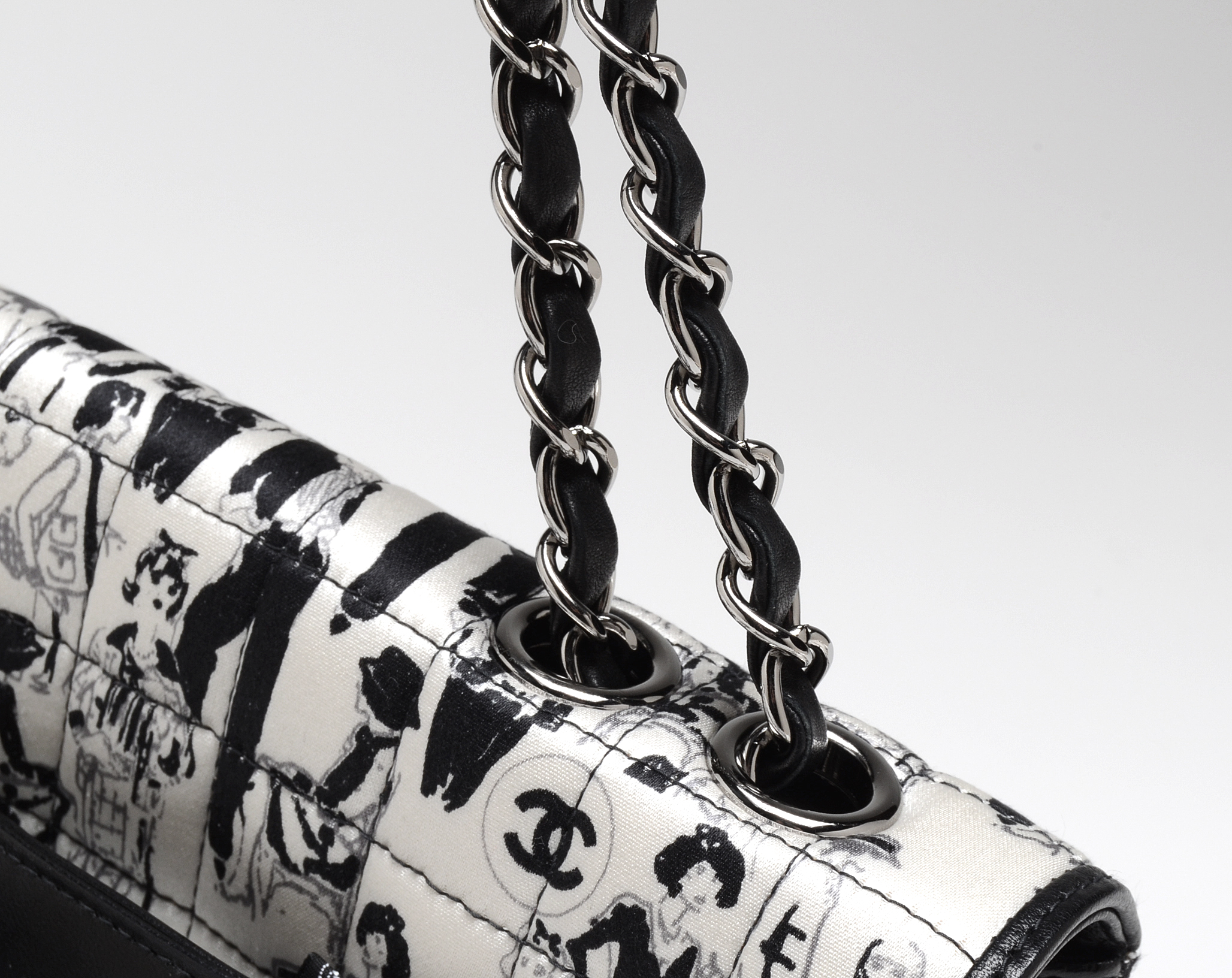 Chanel Black and White Silk Coco Mademoiselle Print Lambskin Leather Flapbag