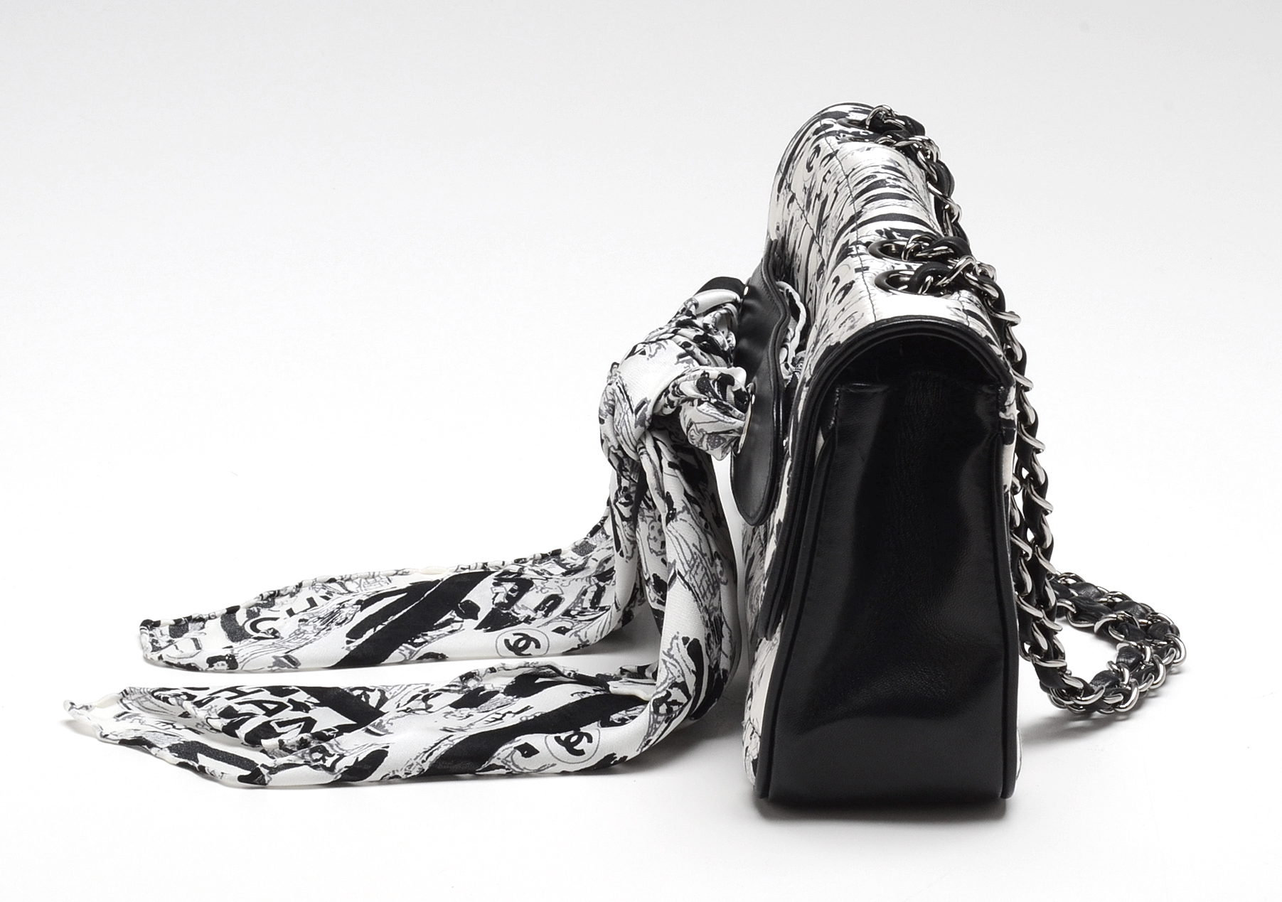 Chanel Black and White Silk Coco Mademoiselle Print Lambskin Leather Flapbag