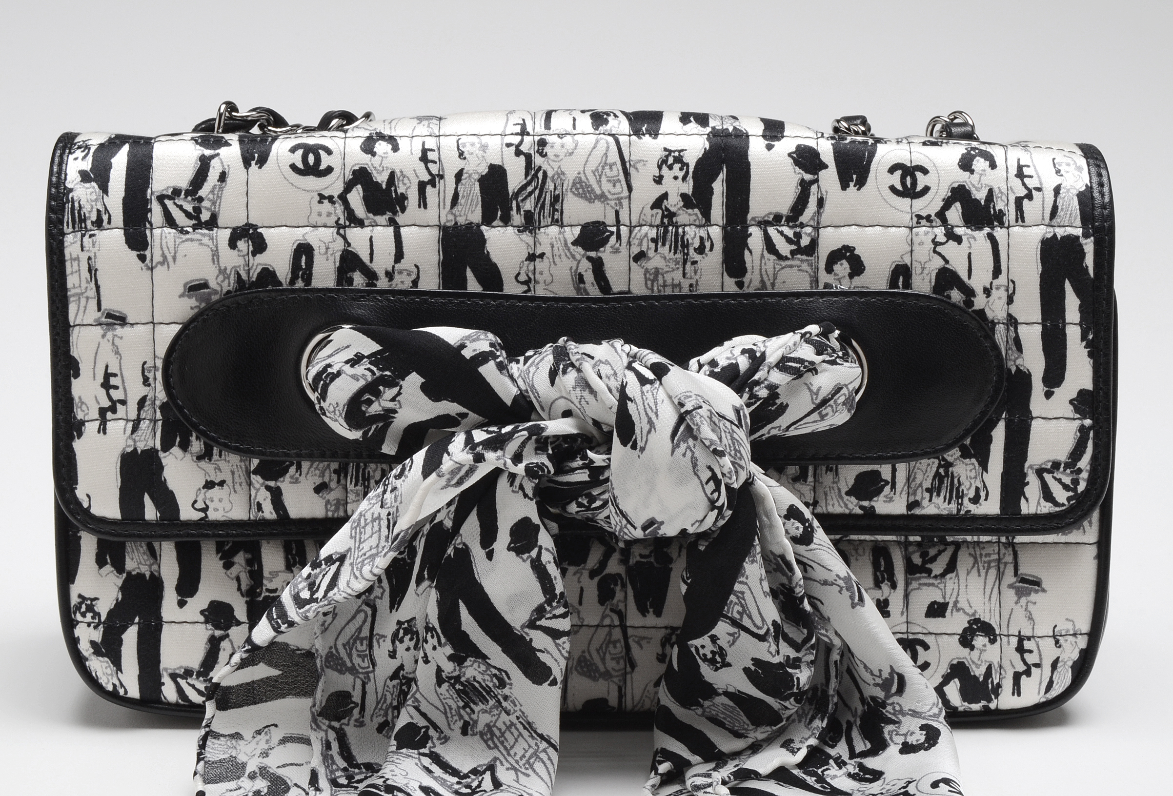 Chanel Black and White Silk Coco Mademoiselle Print Lambskin Leather Flapbag