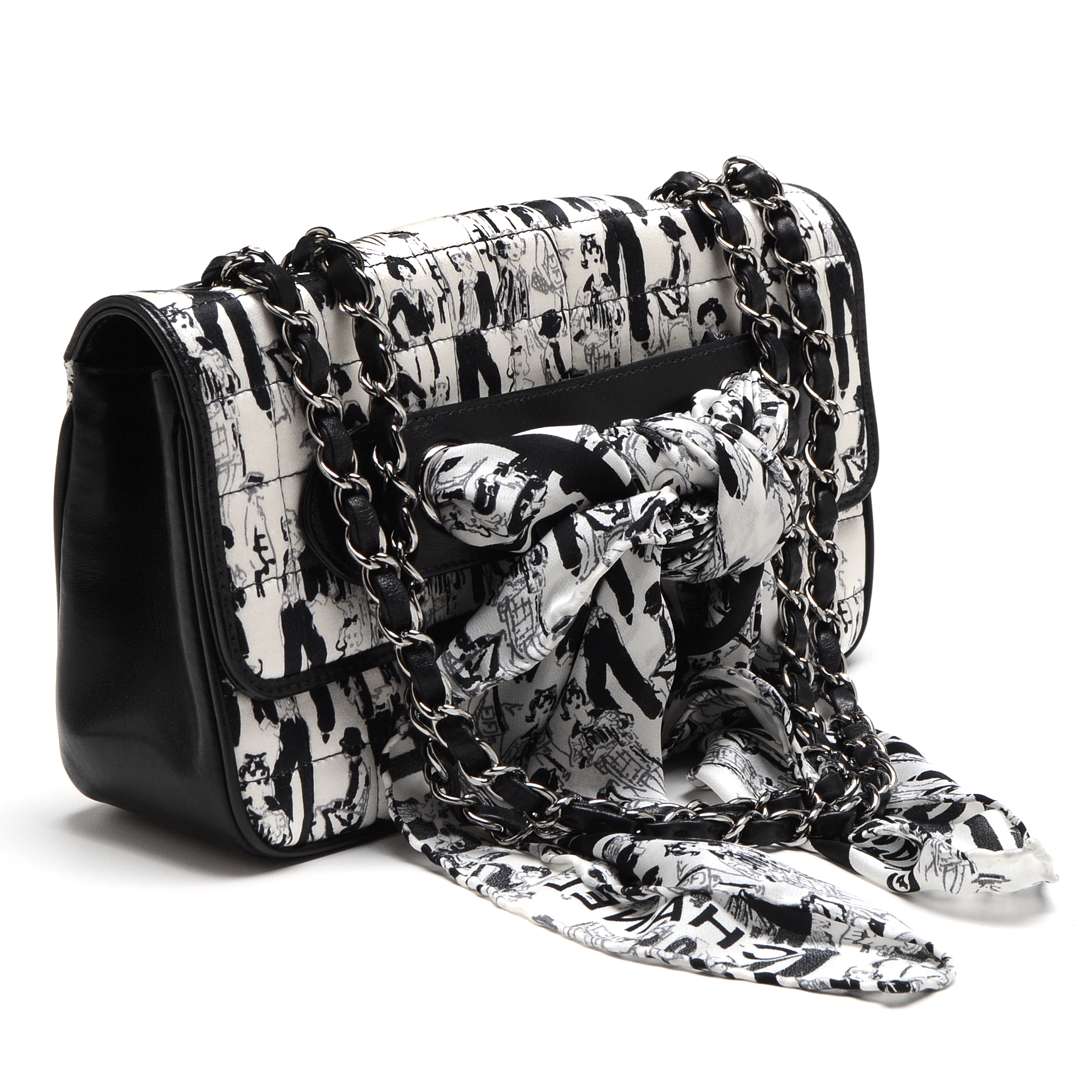 Chanel Black and White Silk Coco Mademoiselle Print Lambskin Leather Flapbag