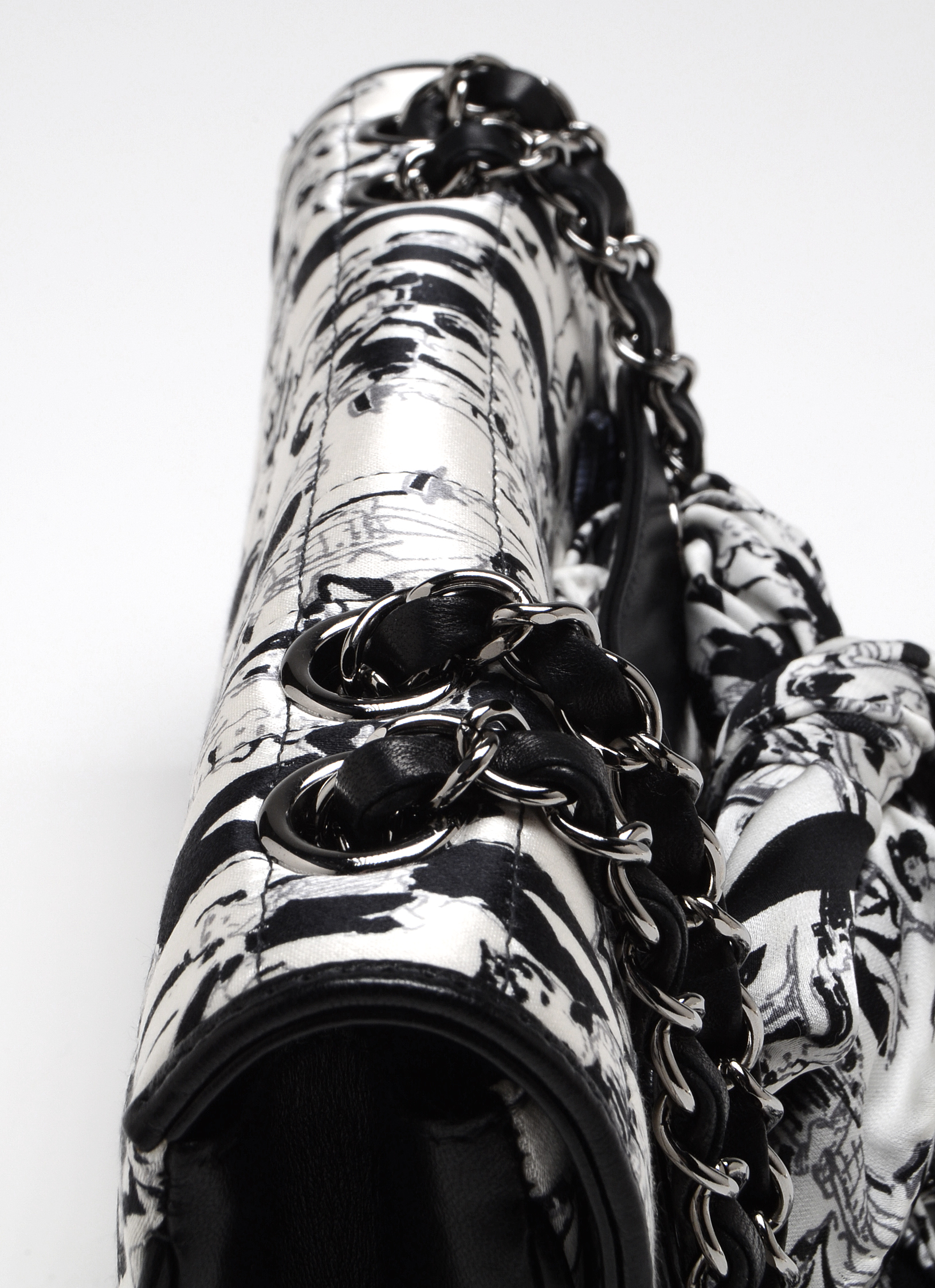 Chanel Black and White Silk Coco Mademoiselle Print Lambskin Leather Flapbag